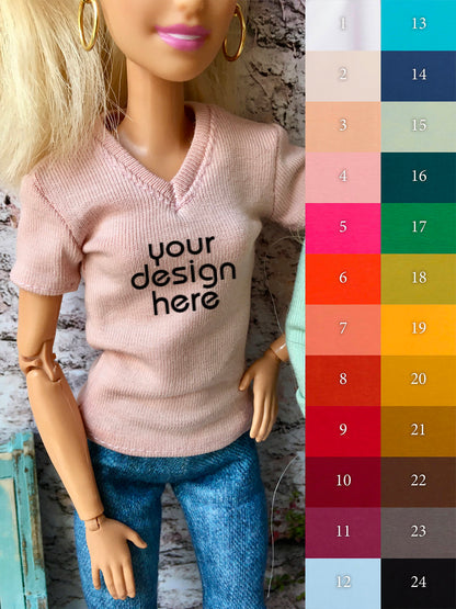 Base Custom Print V-neck T-shirt for Dolls 1/6-scale, 11.5 Inch, many colors - www.bouutique.com