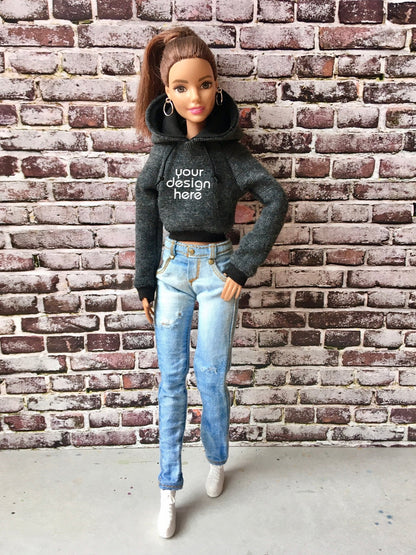 Solid Custom Print Crop Hoodie for Doll 1/6-scale, 11.5 Inch - www.bouutique.com