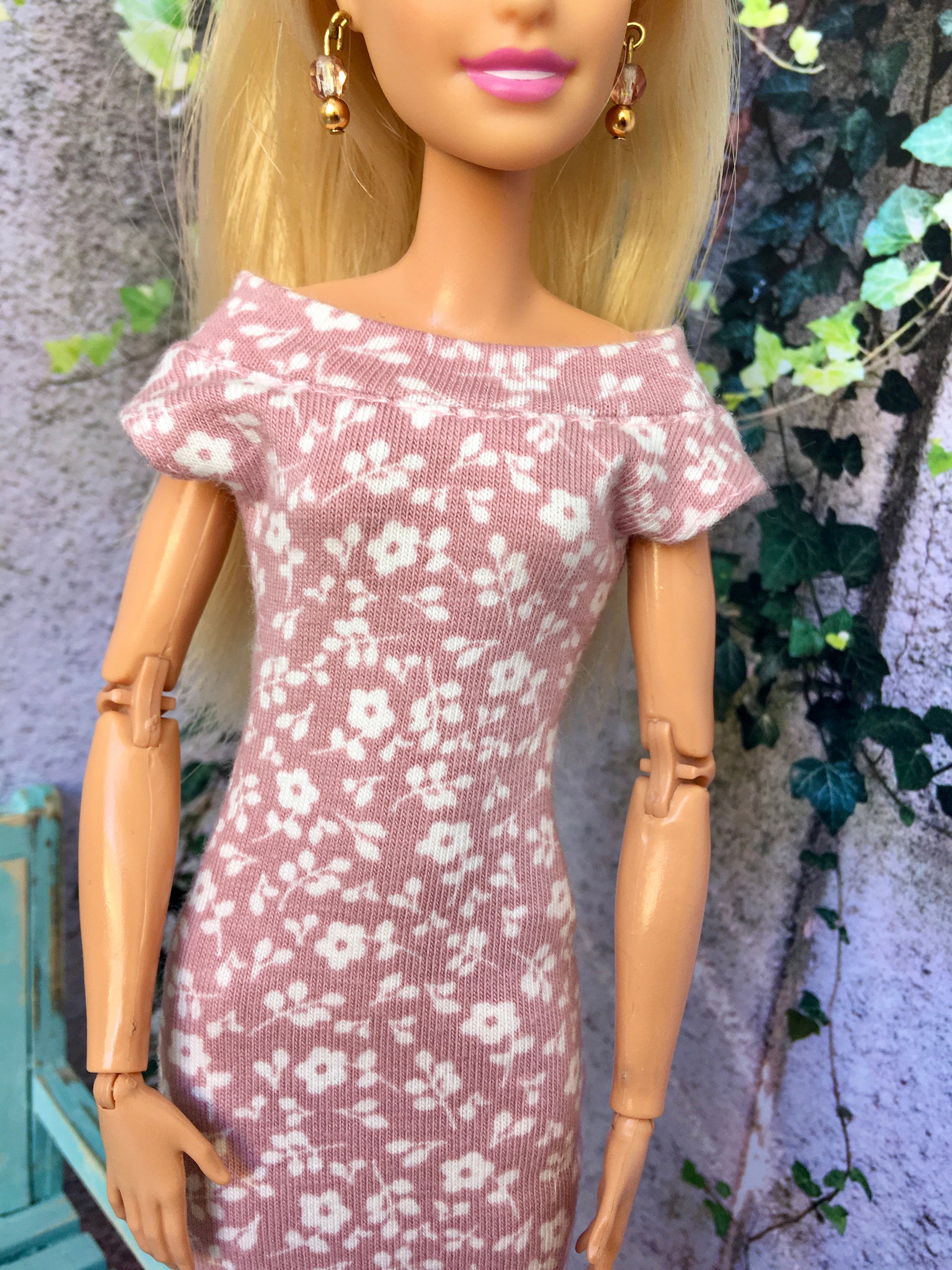 Flower Midi Off Shoulder Dress for Doll 1/6-scale, 11.5 Inch - www.bouutique.com