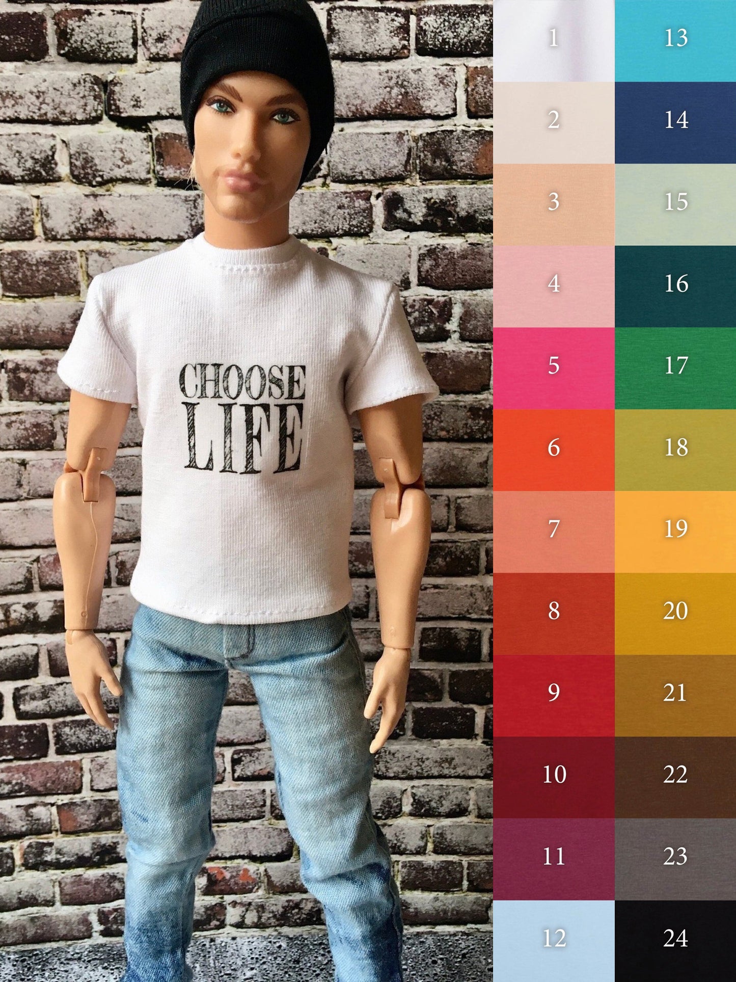 Vital Printed T-shirt "Choose Life" Design for Ken Doll, many colors - www.bouutique.com