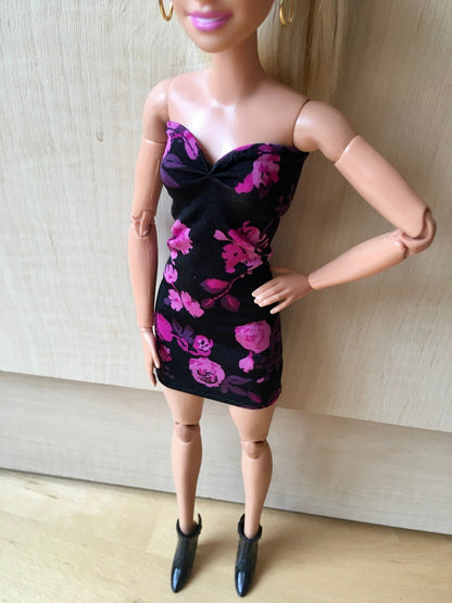 Floral Black Strapless Tube Dress for Doll 1/6-scale, 11.5 Inch - Bouutique.com