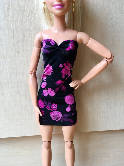 Floral Black Strapless Tube Dress for Doll 1/6-scale, 11.5 Inch - Bouutique.com